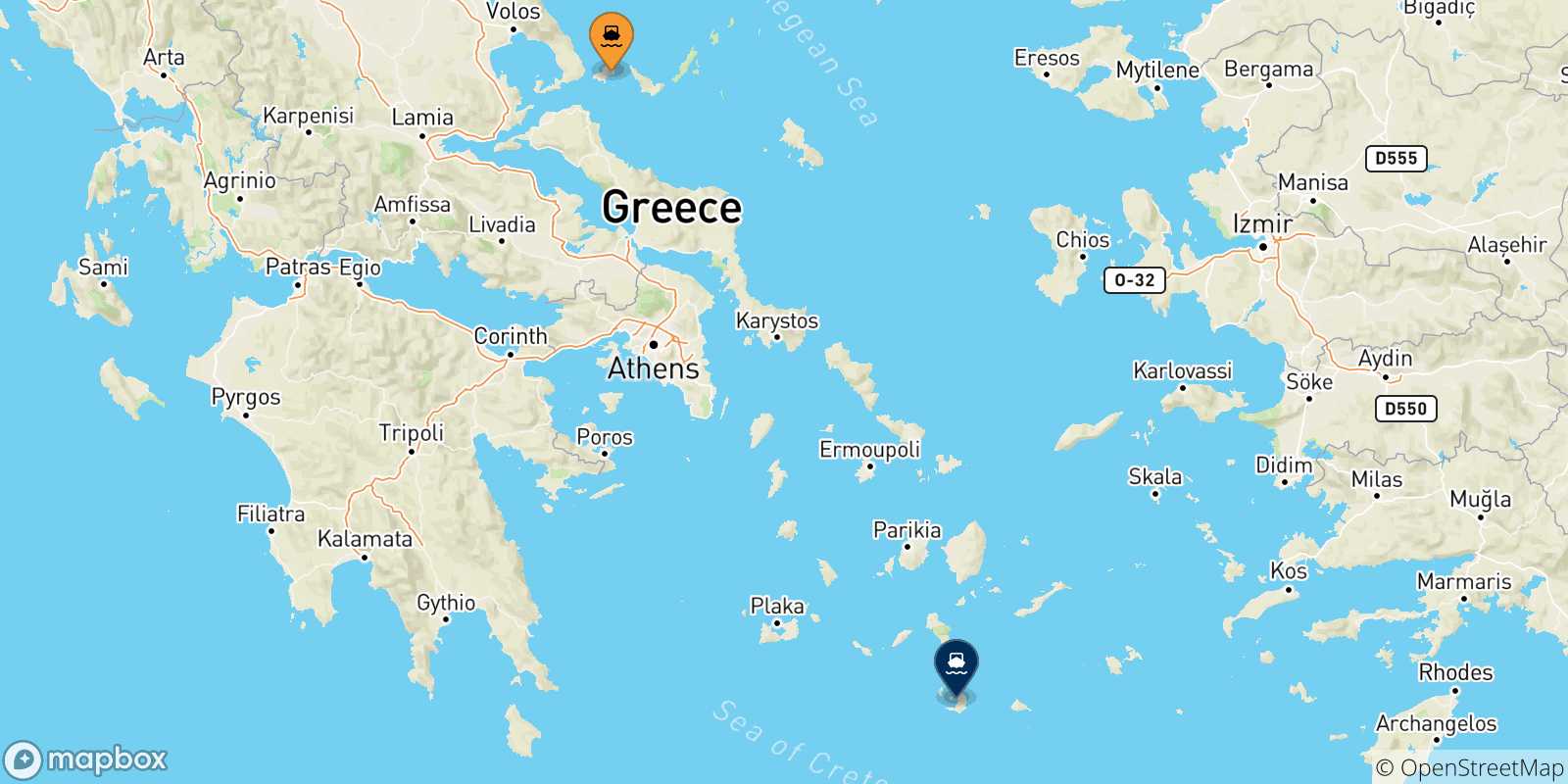 Map of the possible routes between Sporades Islands and Thira (Santorini)