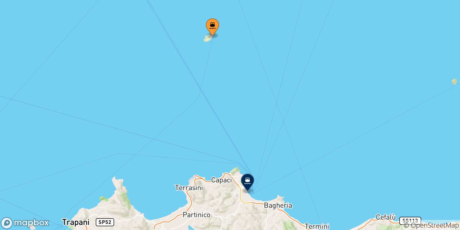 Map of the possible routes between Ustica and Italy