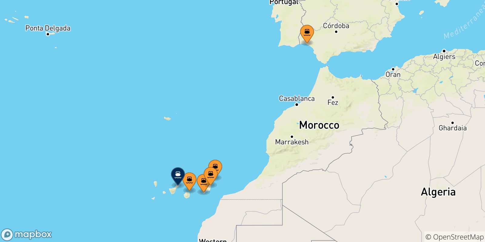 Map of the possible routes between Spain and Santa Cruz De Tenerife