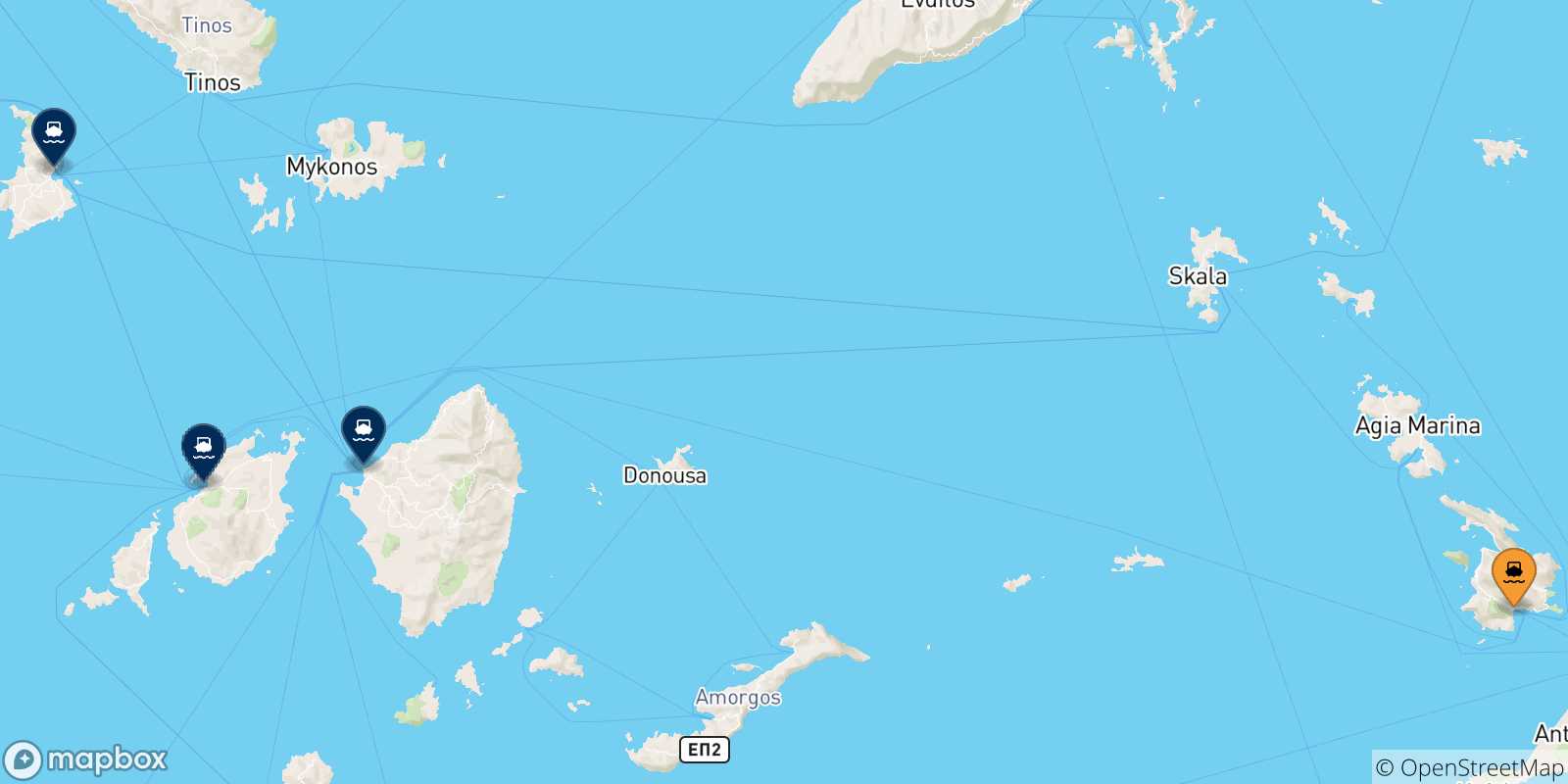 Map of the possible routes between Kalymnos and Cyclades Islands