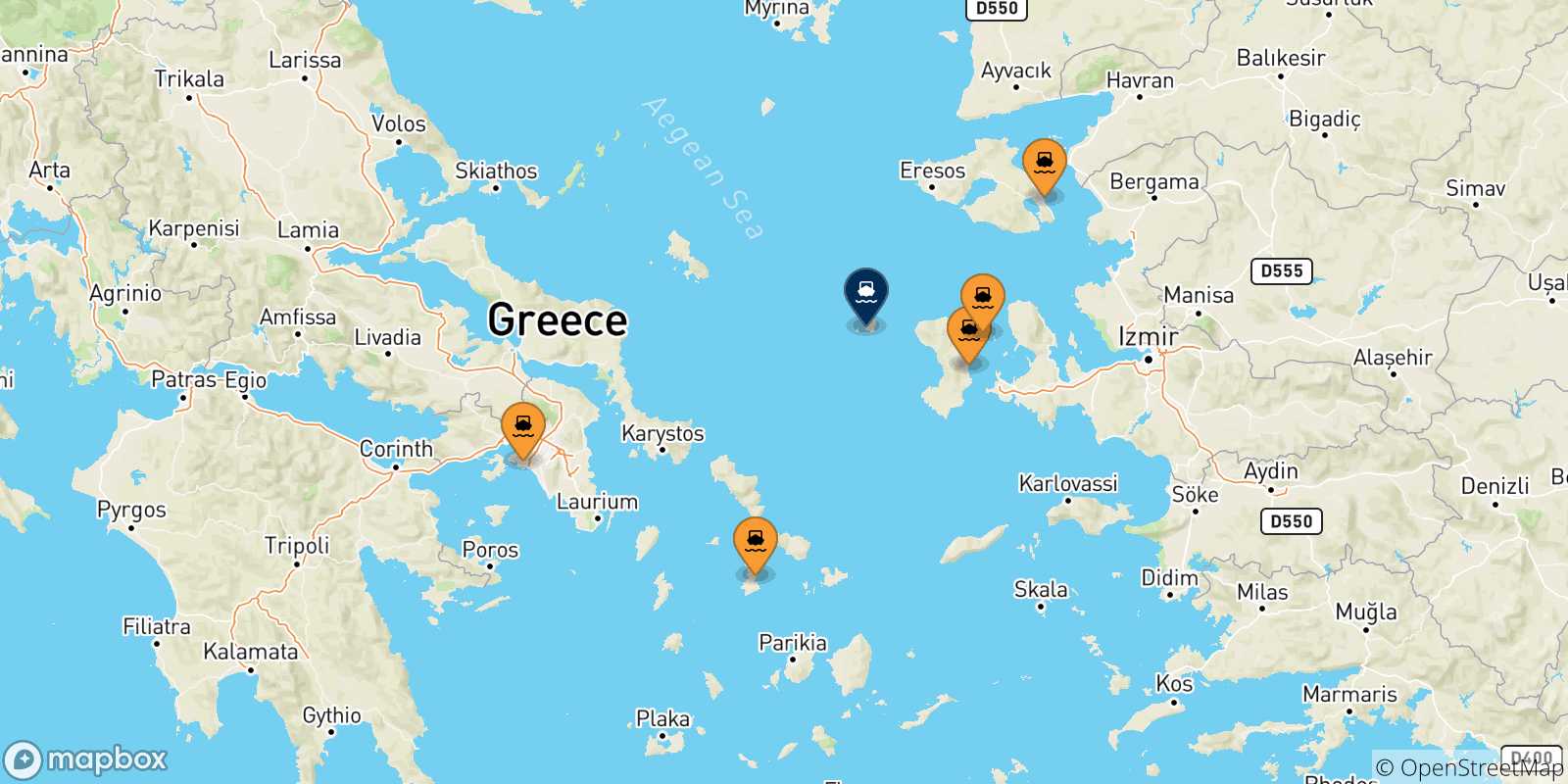 Map of the possible routes between Greece and Psara