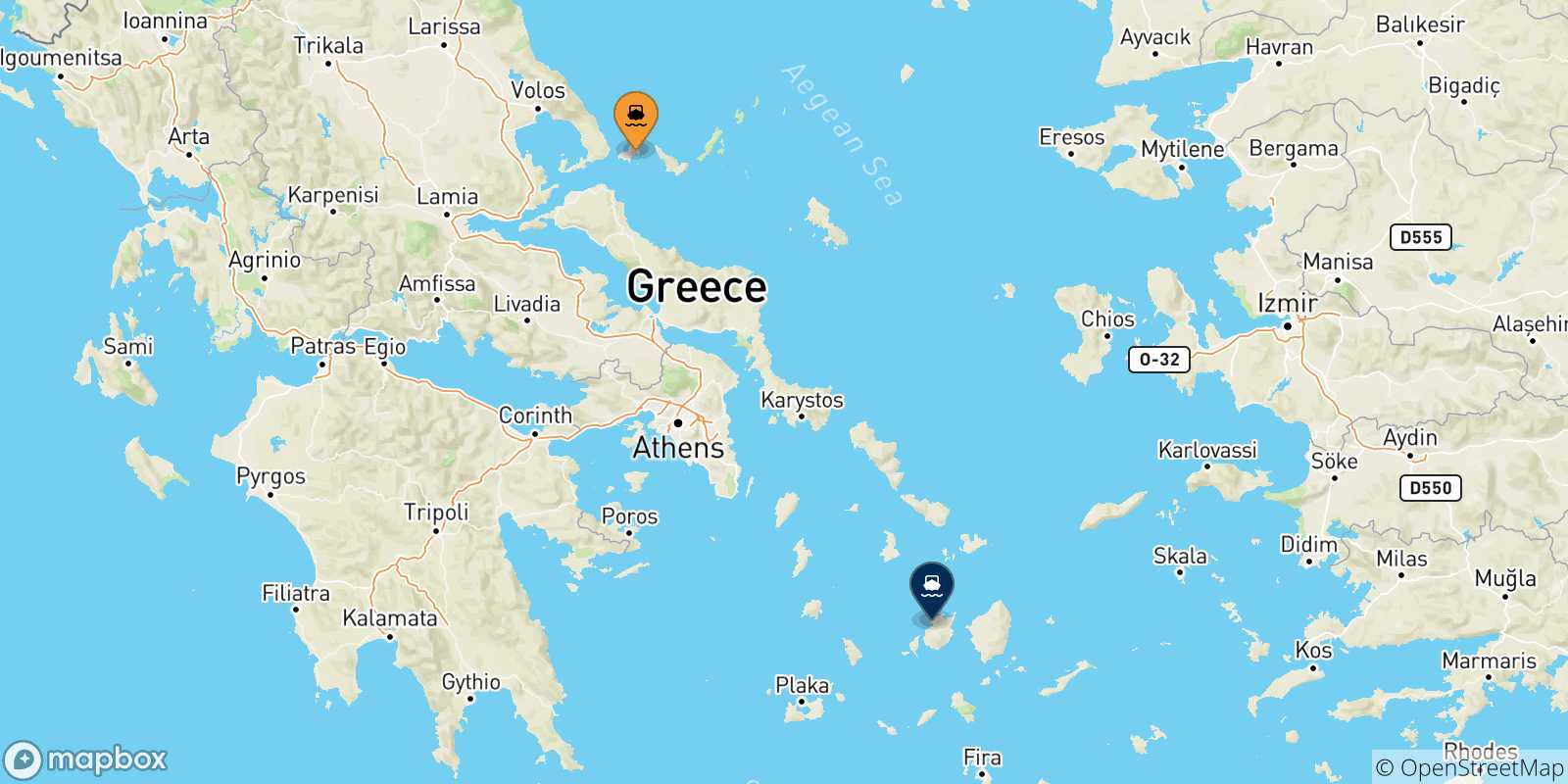 Map of the possible routes between Sporades Islands and Paros