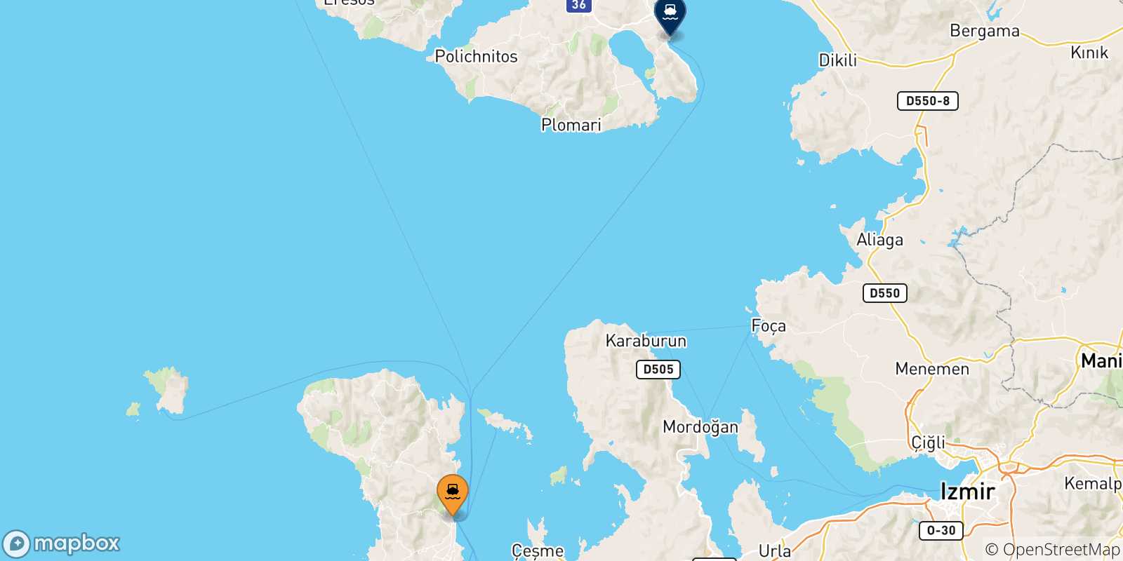 Map of the possible routes between Mesta Chios and Aegean Islands