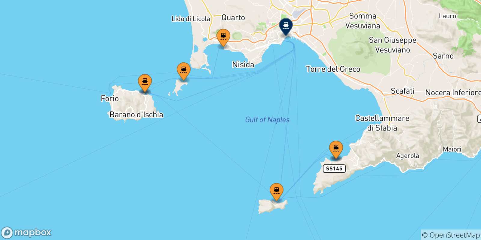 Map of the possible routes between Italy and Naples Beverello
