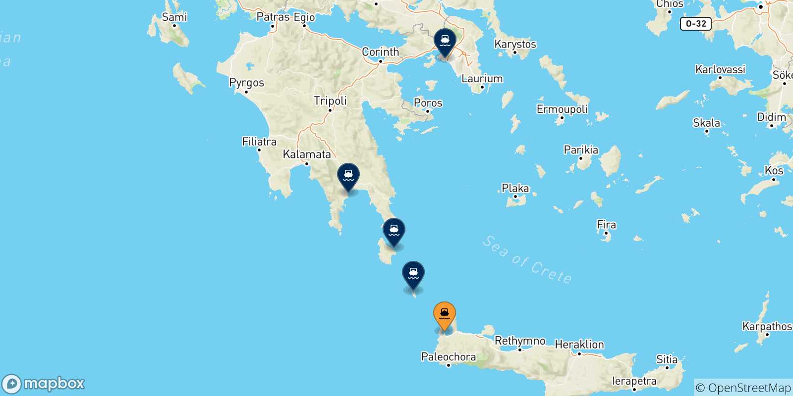 Map of the possible routes between Kissamos and Greece
