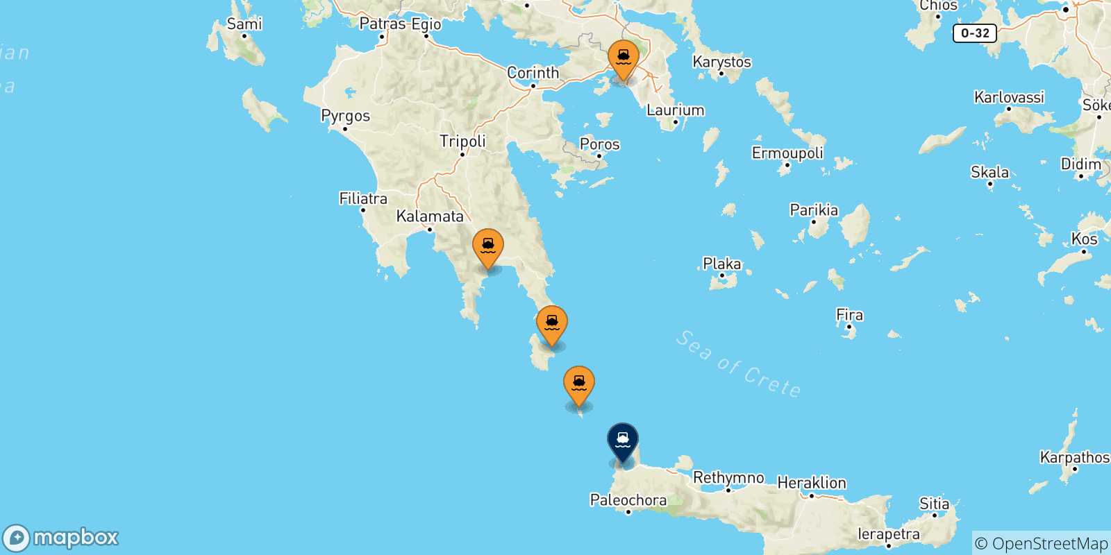 Map of the possible routes between Greece and Kissamos