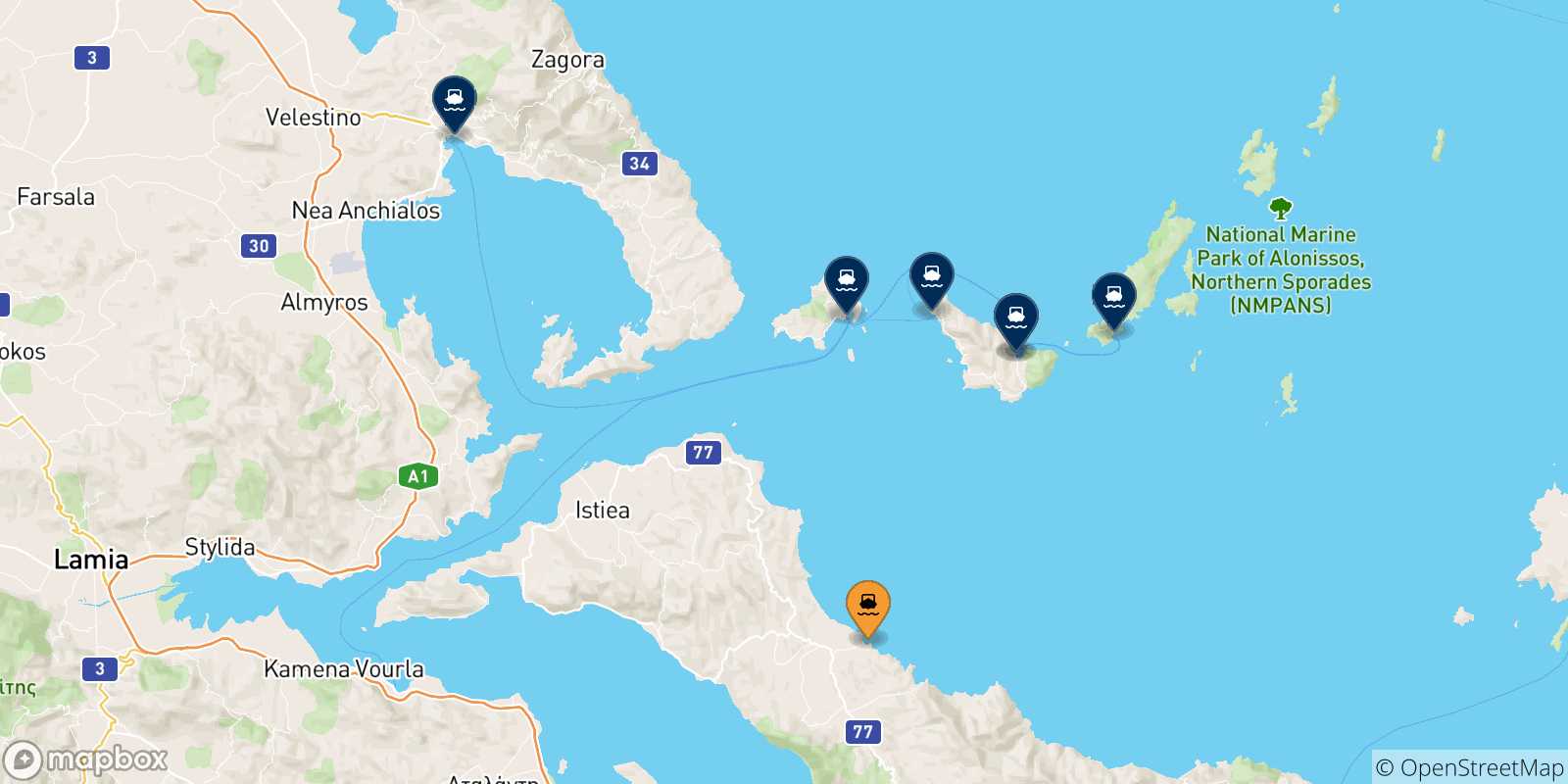 Map of the possible routes between Mantoudi (Evia) and Greece