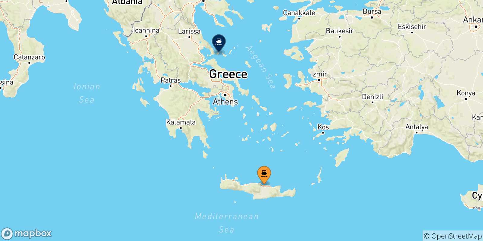 Map of the possible routes between Crete and Skiathos