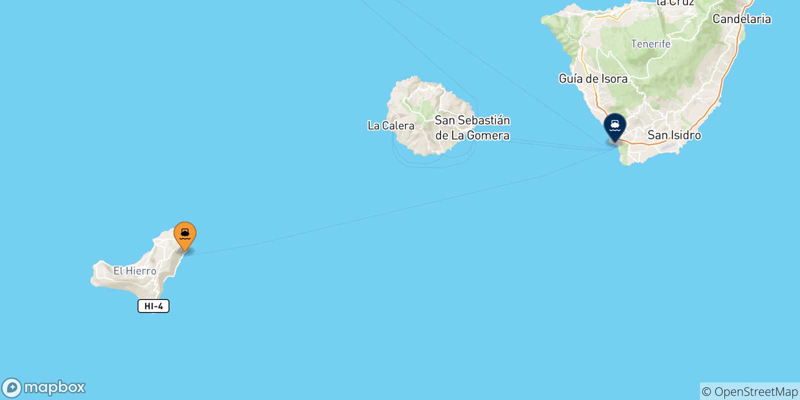 Map of the possible routes between Valverde (El Hierro) and Canary Islands