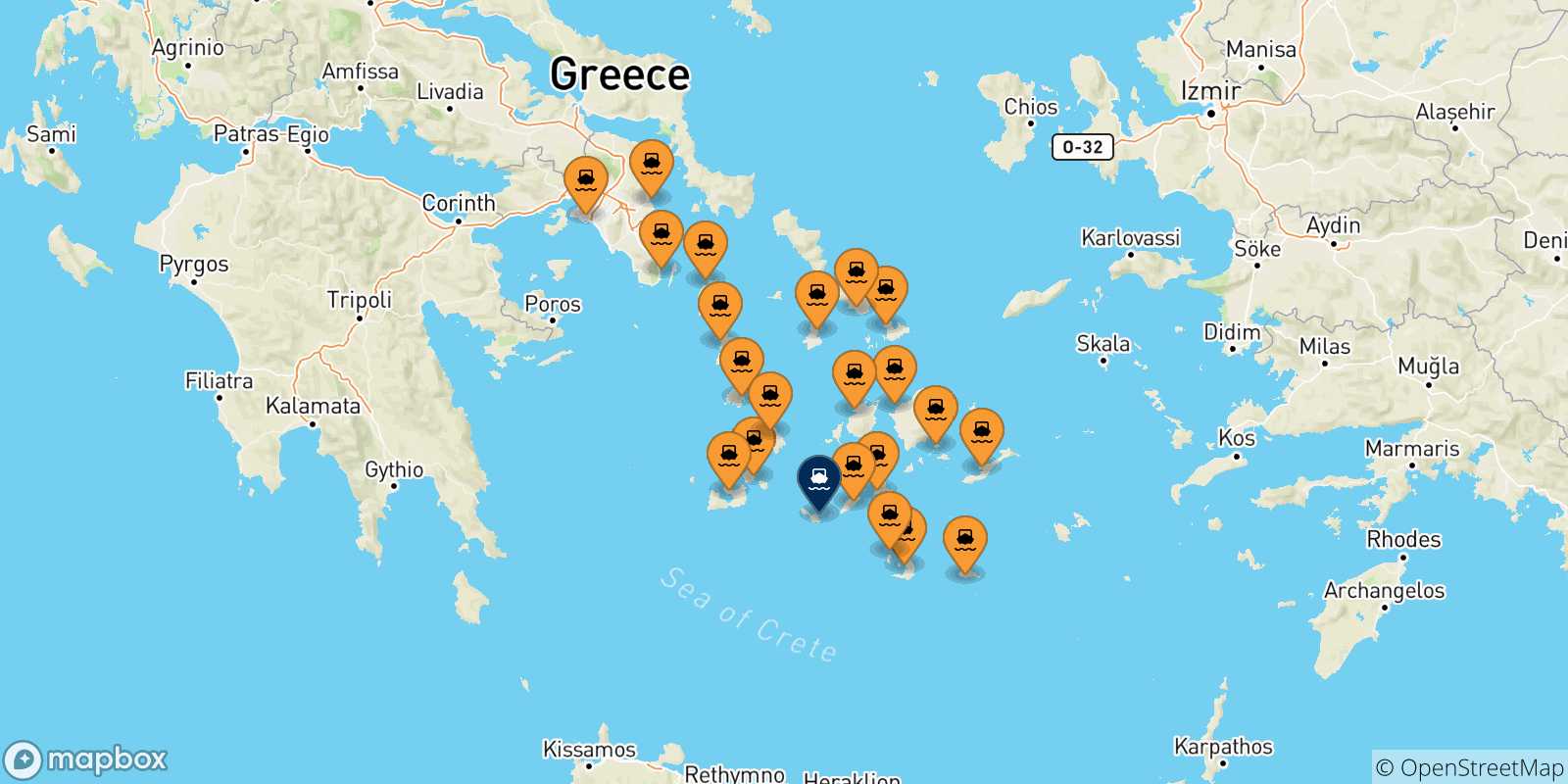 Map of the possible routes between Greece and Folegandros