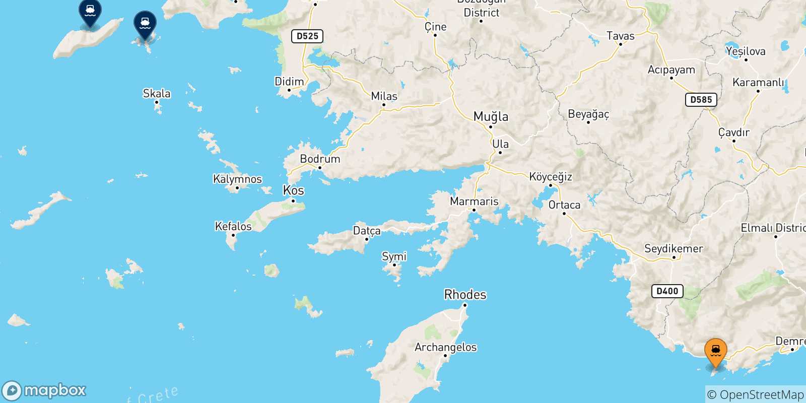 Map of the possible routes between Kastelorizo and Aegean Islands