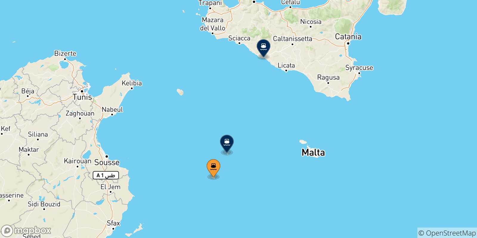 Map of the possible routes between Lampedusa and Italy