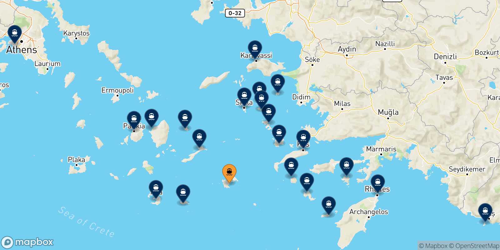 Map of the destinations reachable from Astypalea