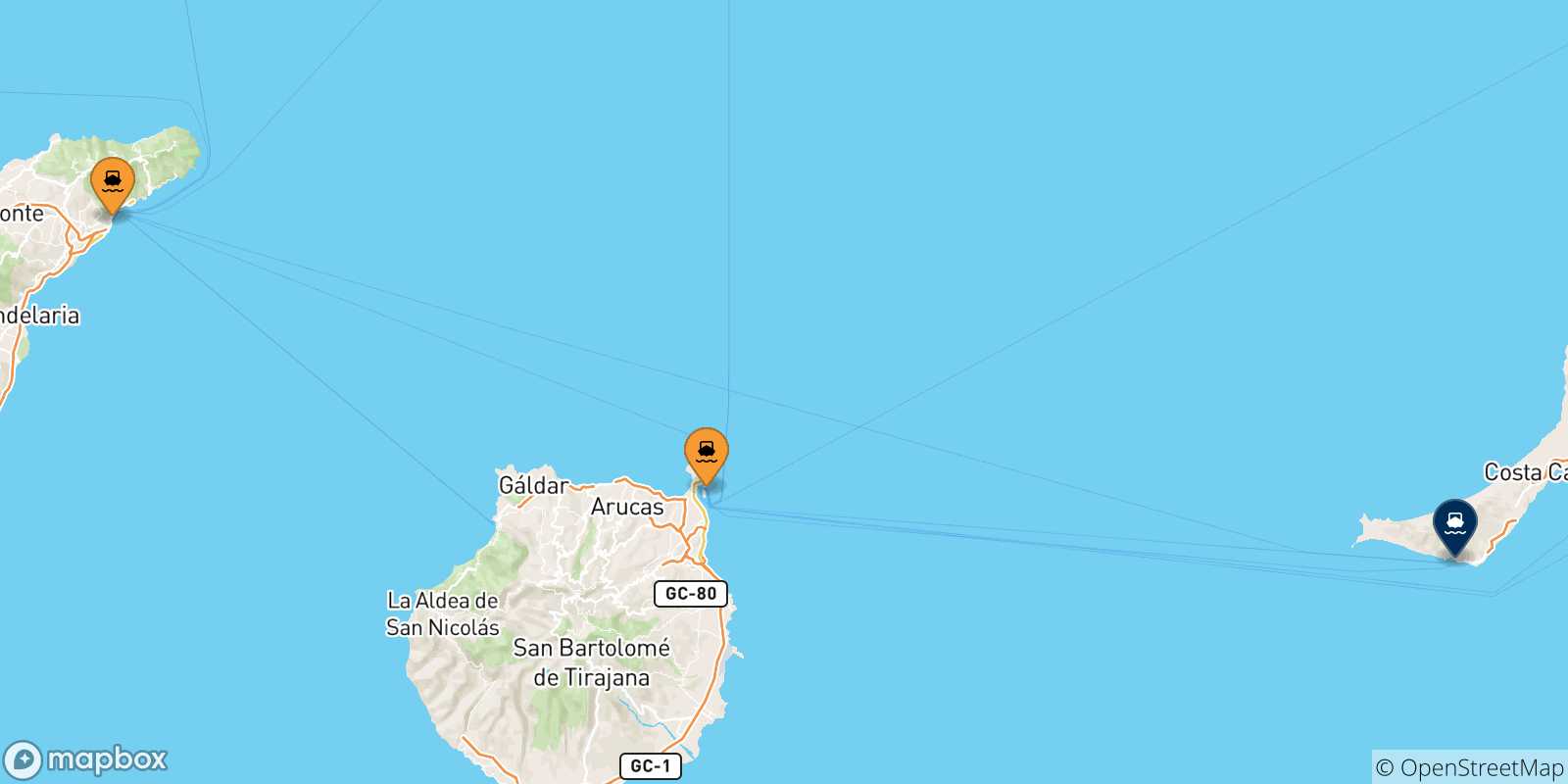Map of the possible routes between Spain and Morro Jable (Fuerteventura)