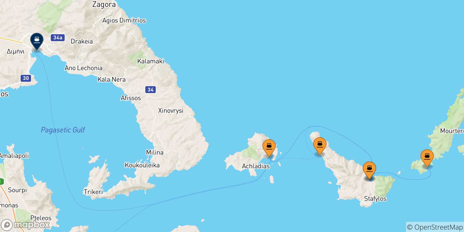 Map of the possible routes between Sporades Islands and Volos