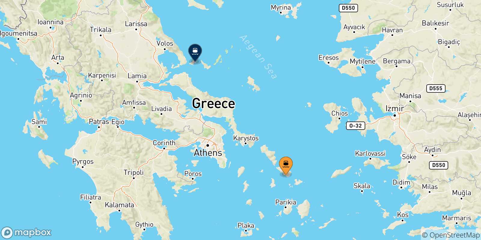 Map of the possible routes between Tinos and Sporades Islands
