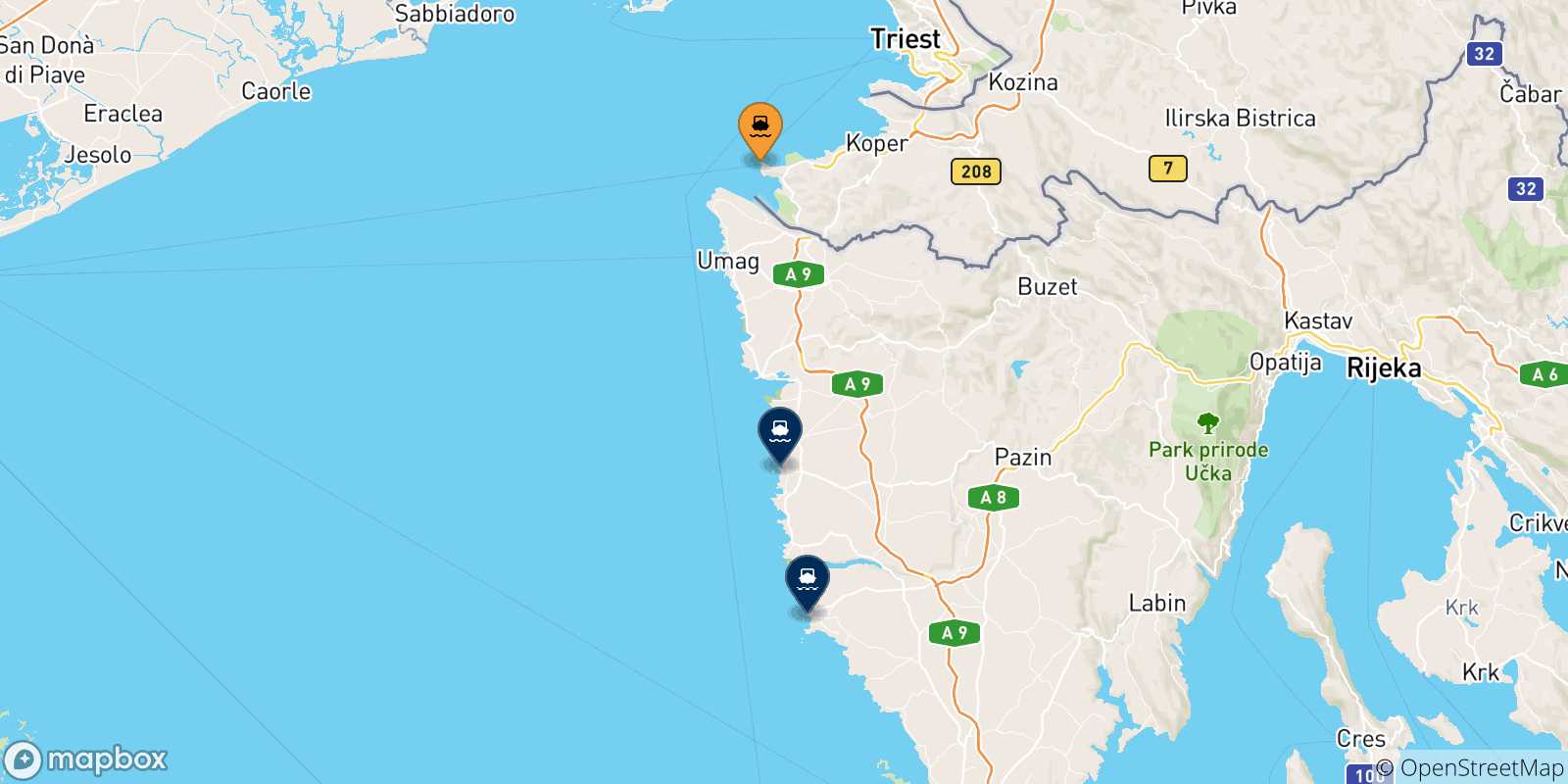 Map of the possible routes between Piran and Croatia