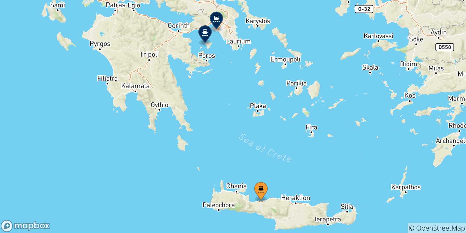 Map of the possible routes between Myli (Agistri) and Greece