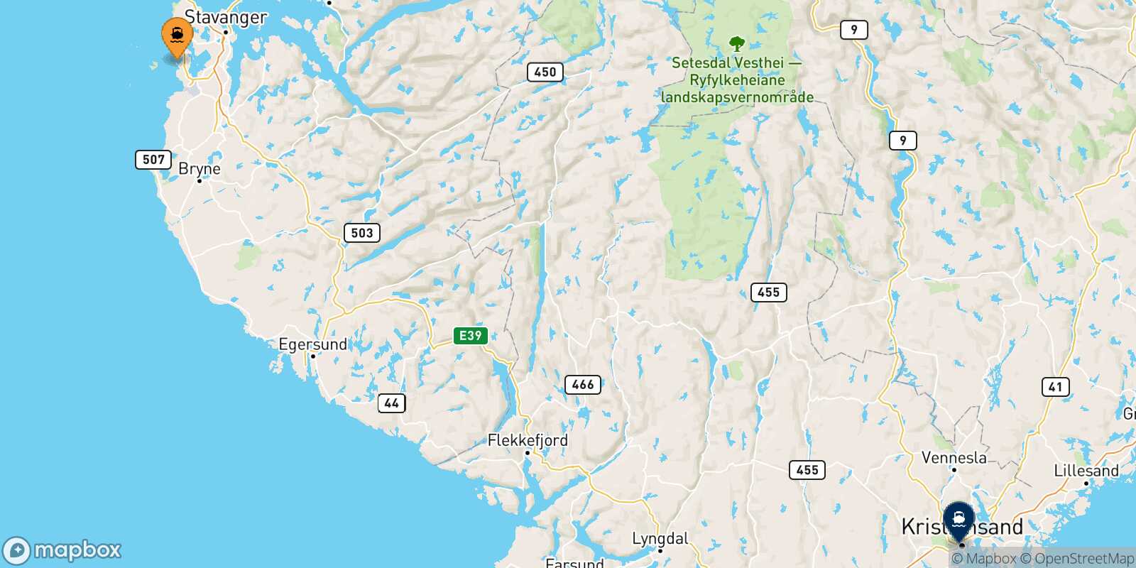 Stavanger Kristiansand route map