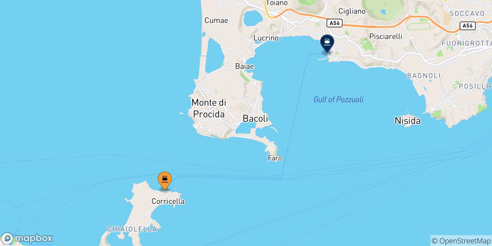 Map of the possible routes between Procida and Gulf Of Naples