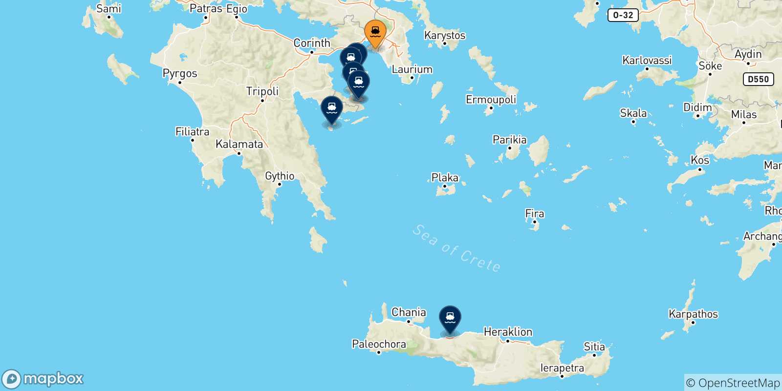 Map of the possible routes between Piraeus and Saronic Islands