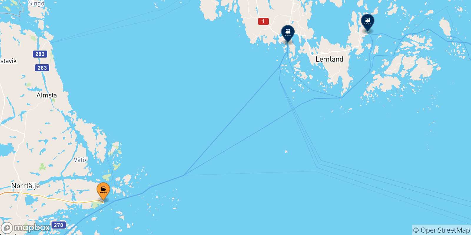 Map of the possible routes between Kapellskar and Aland Islands