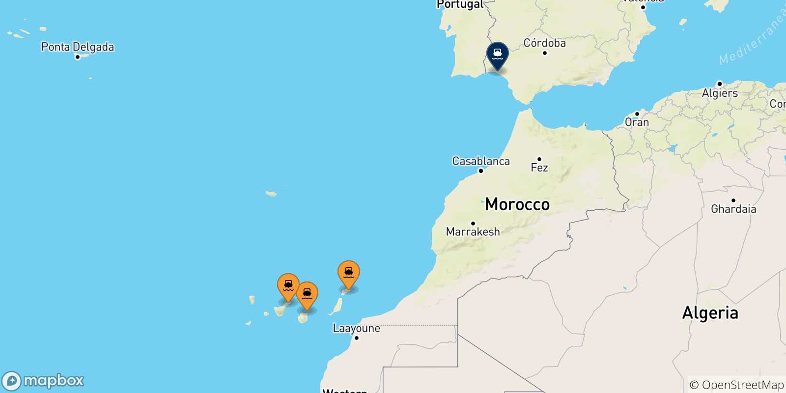 Map of the possible routes between Canary Islands and Huelva