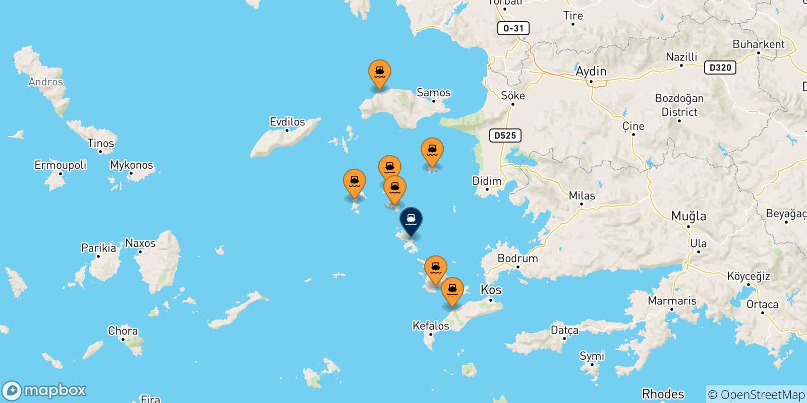 Map of the possible routes between Greece and Agia Marina (Leros)