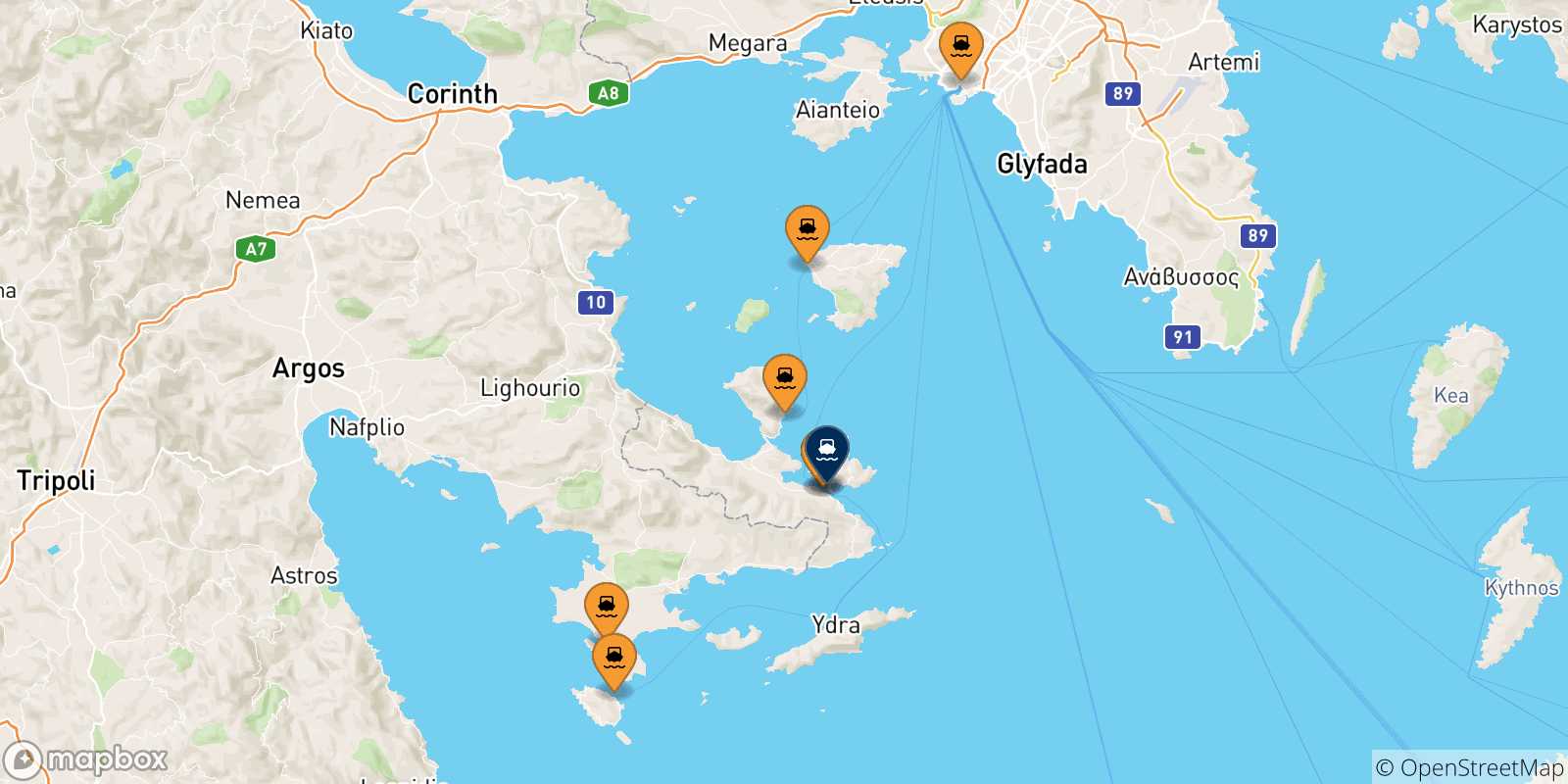 Map of the possible routes between Greece and Poros