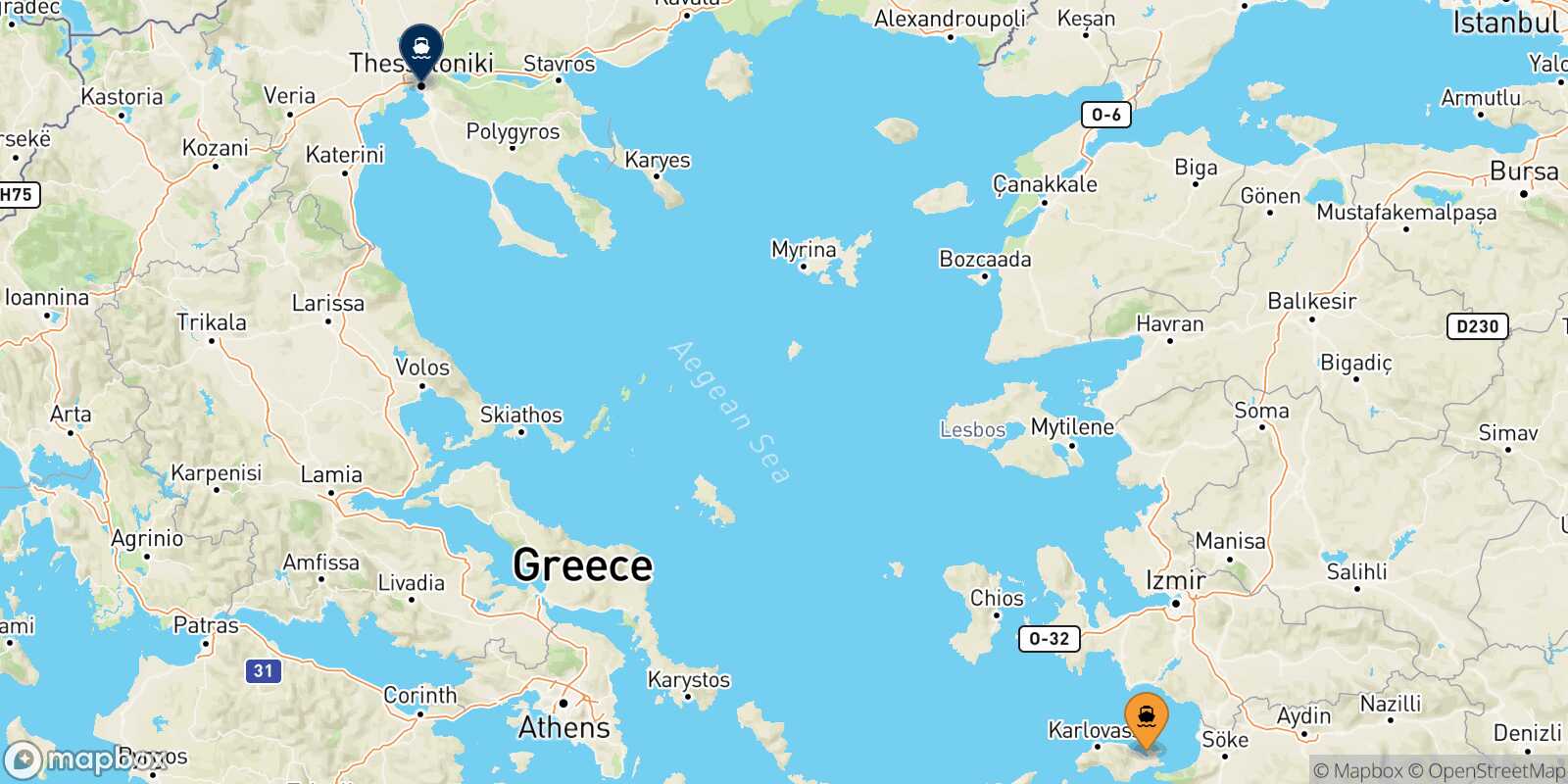 Vathi (Samos) Thessaloniki route map