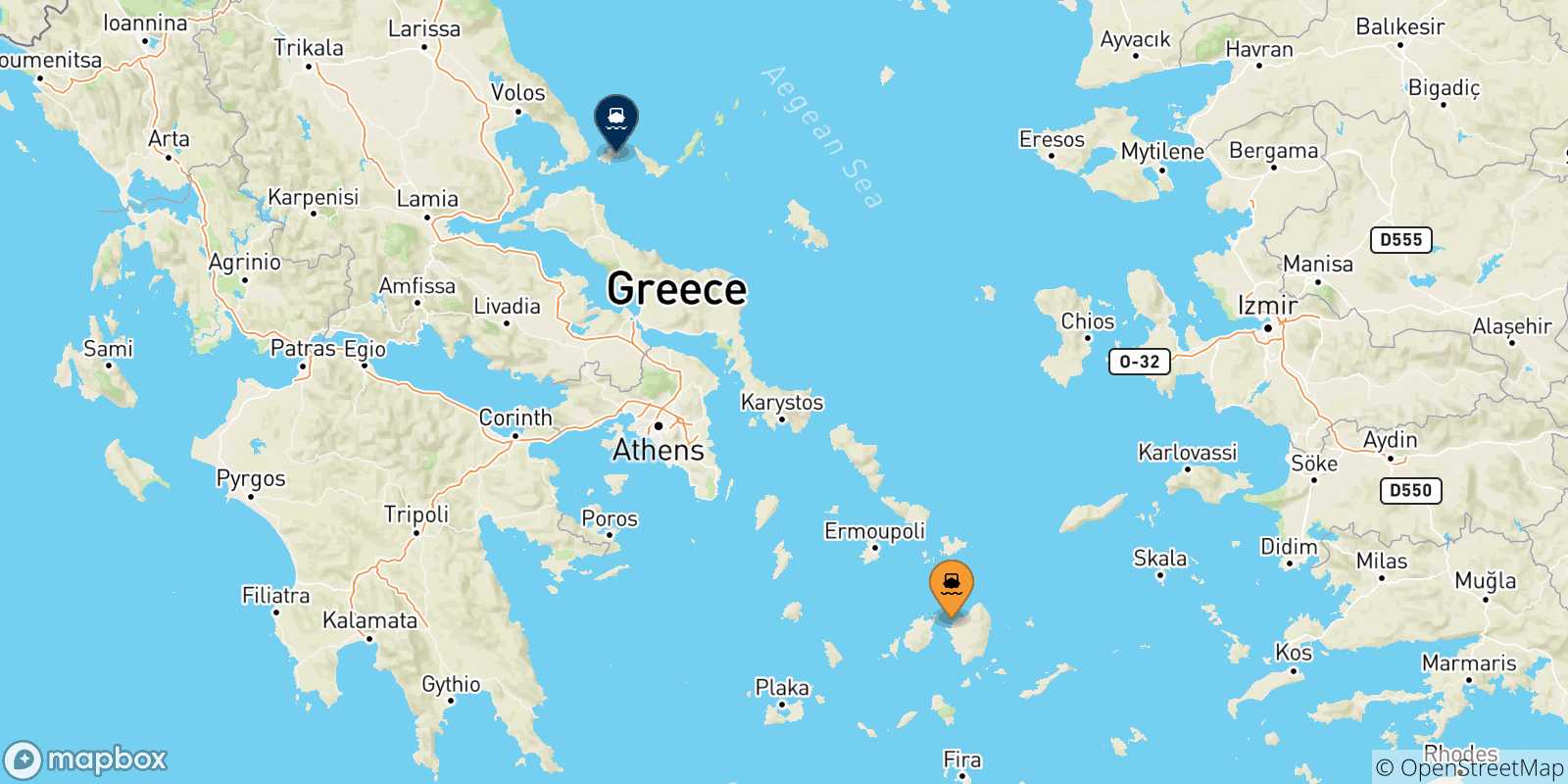 Map of the possible routes between Naxos and Sporades Islands