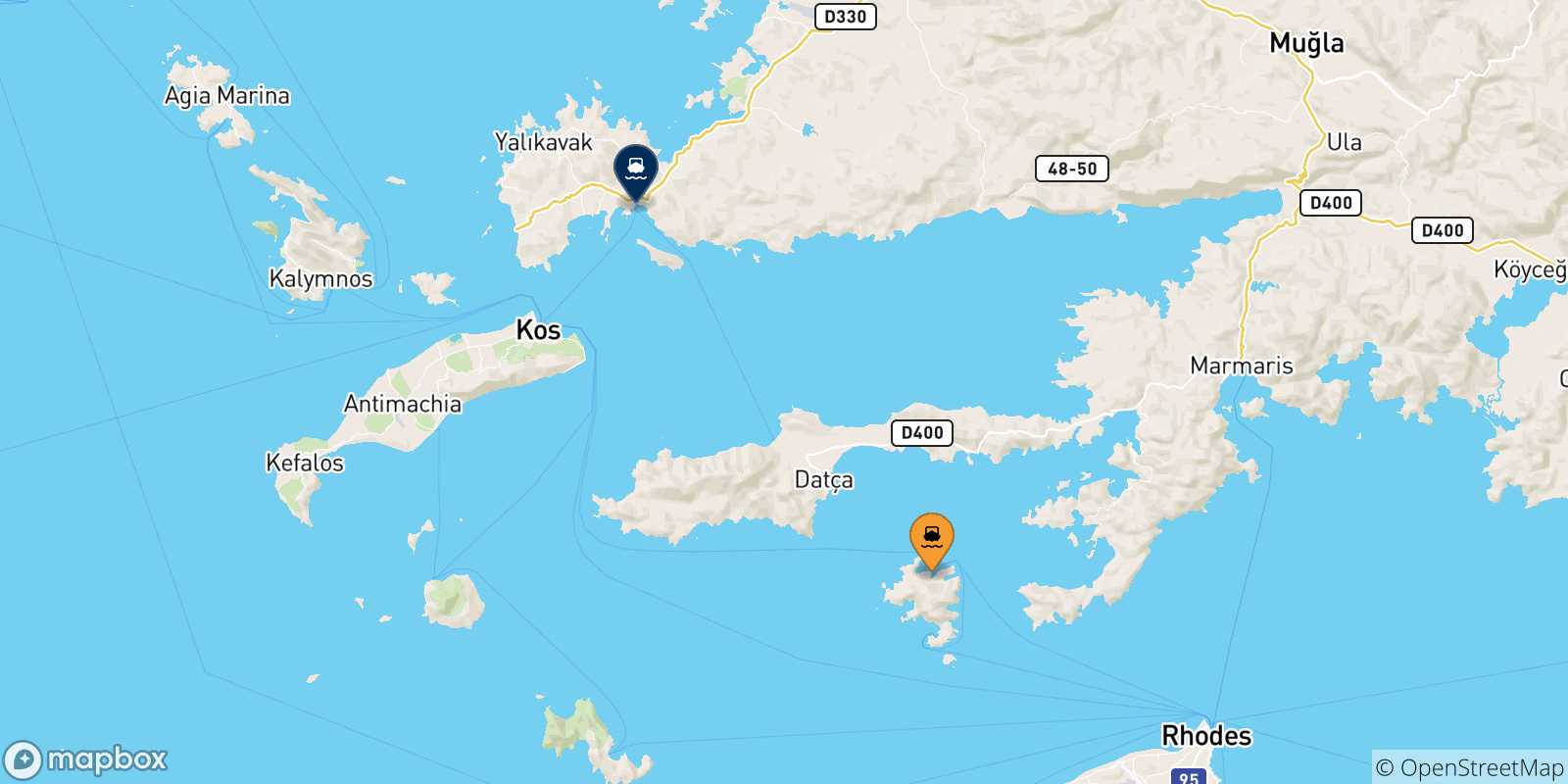 Map of the possible routes between Symi and Turkey