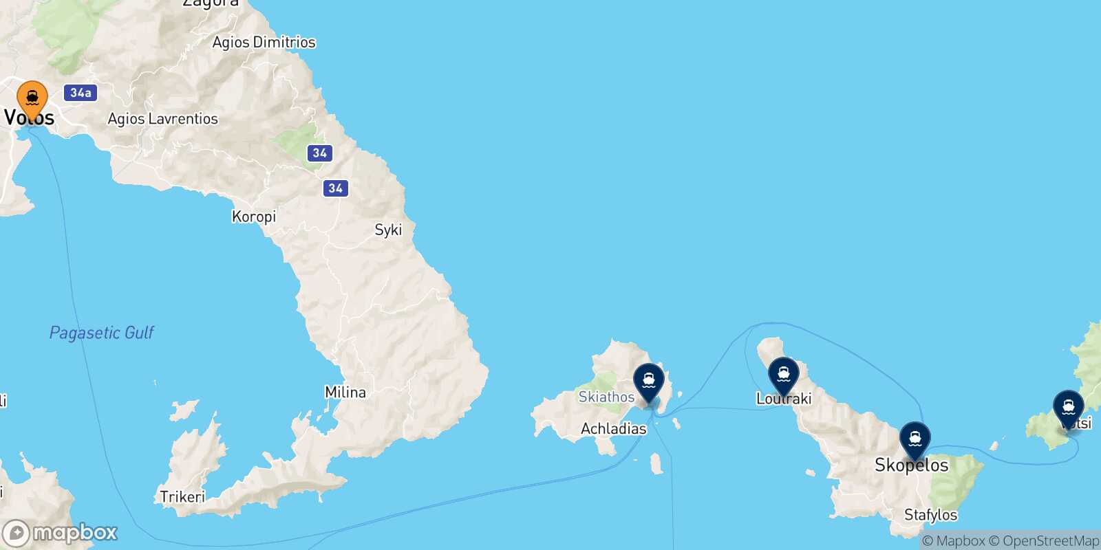 Map of the destinations reachable from Volos