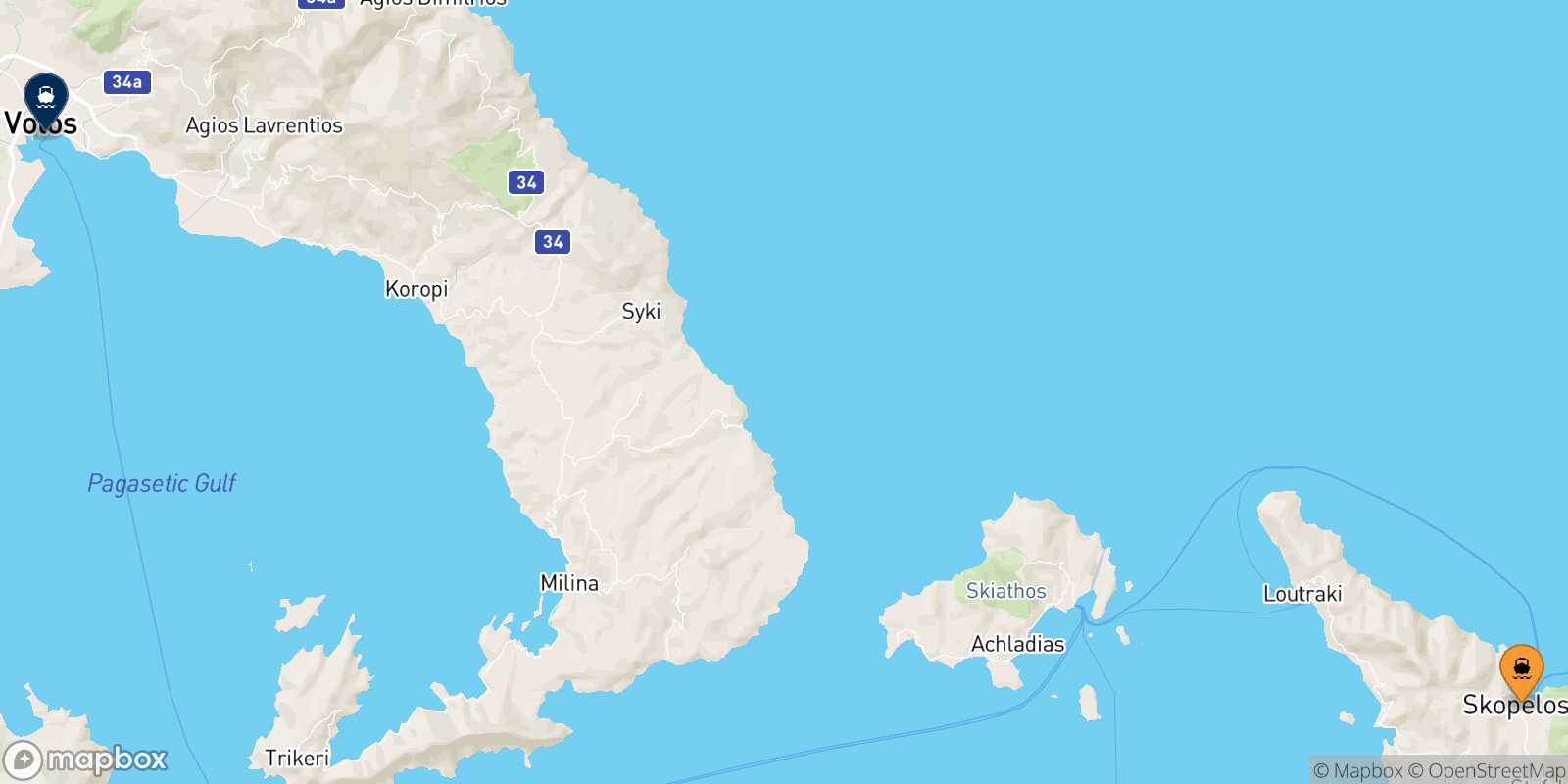 Glossa (Skopelos) Volos route map