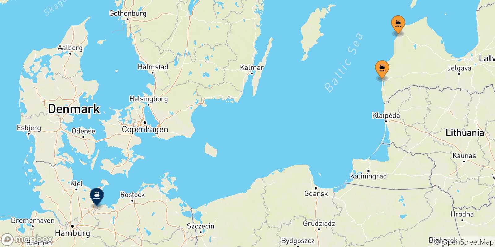 Map of the possible routes between Latvia and Travemünde