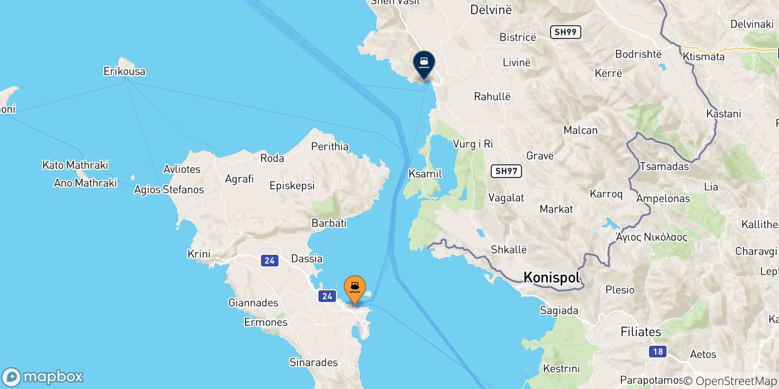 Map of the possible routes between Corfu and Albania