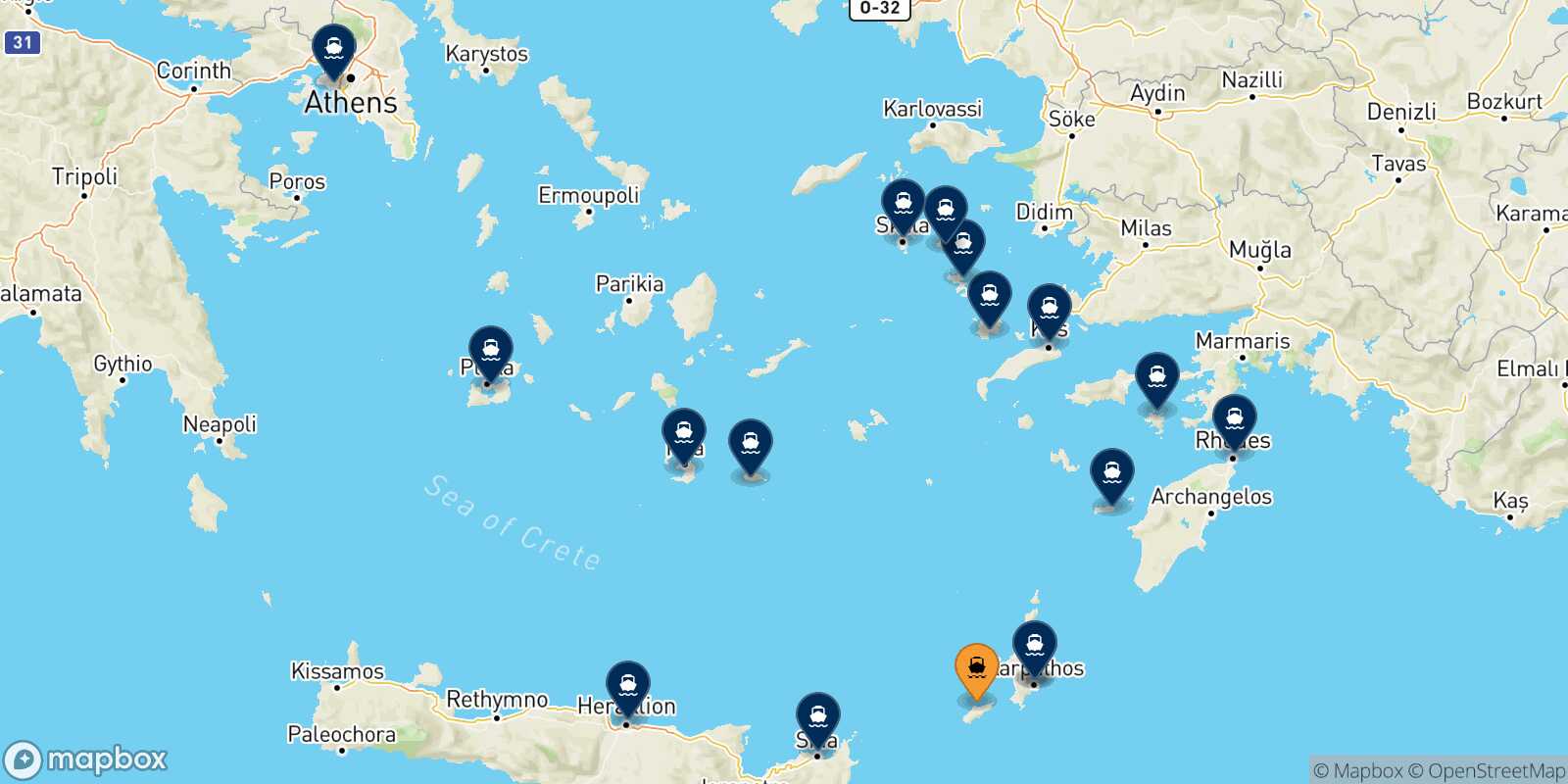 Map of the destinations reachable from Kasos
