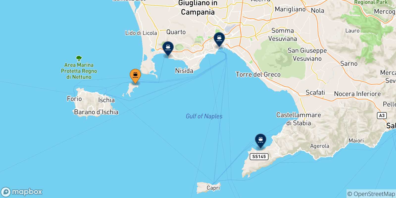 Map of the possible routes between Procida and Italy