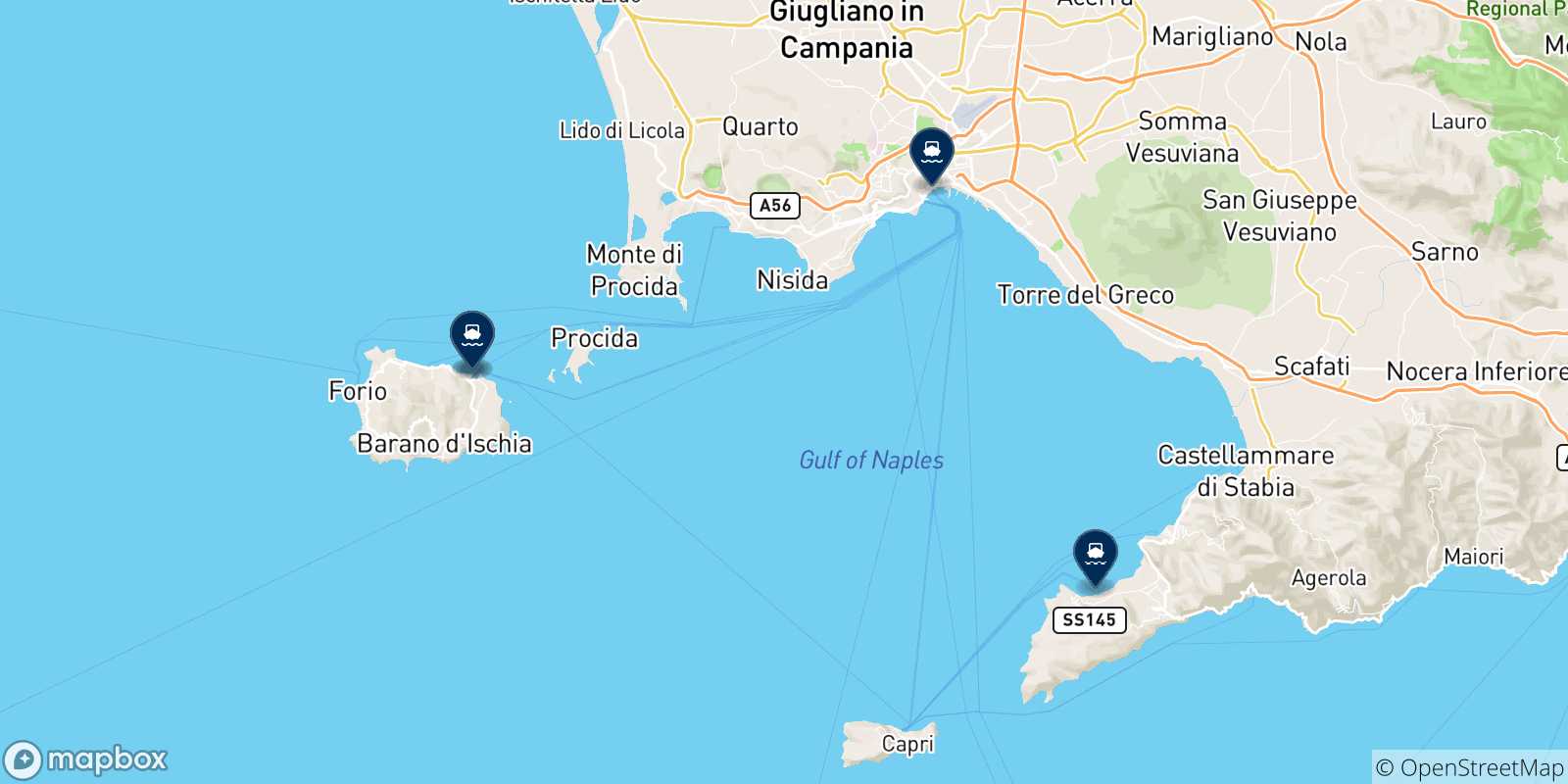 Map of the possible routes between Ischia and Italy