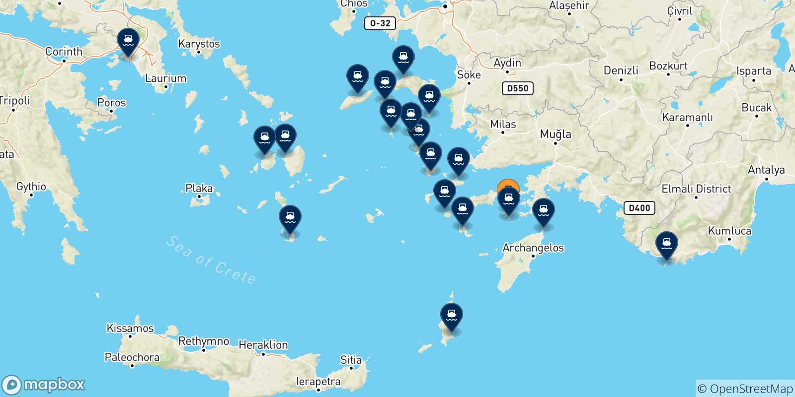 Map of the possible routes between Symi and Greece