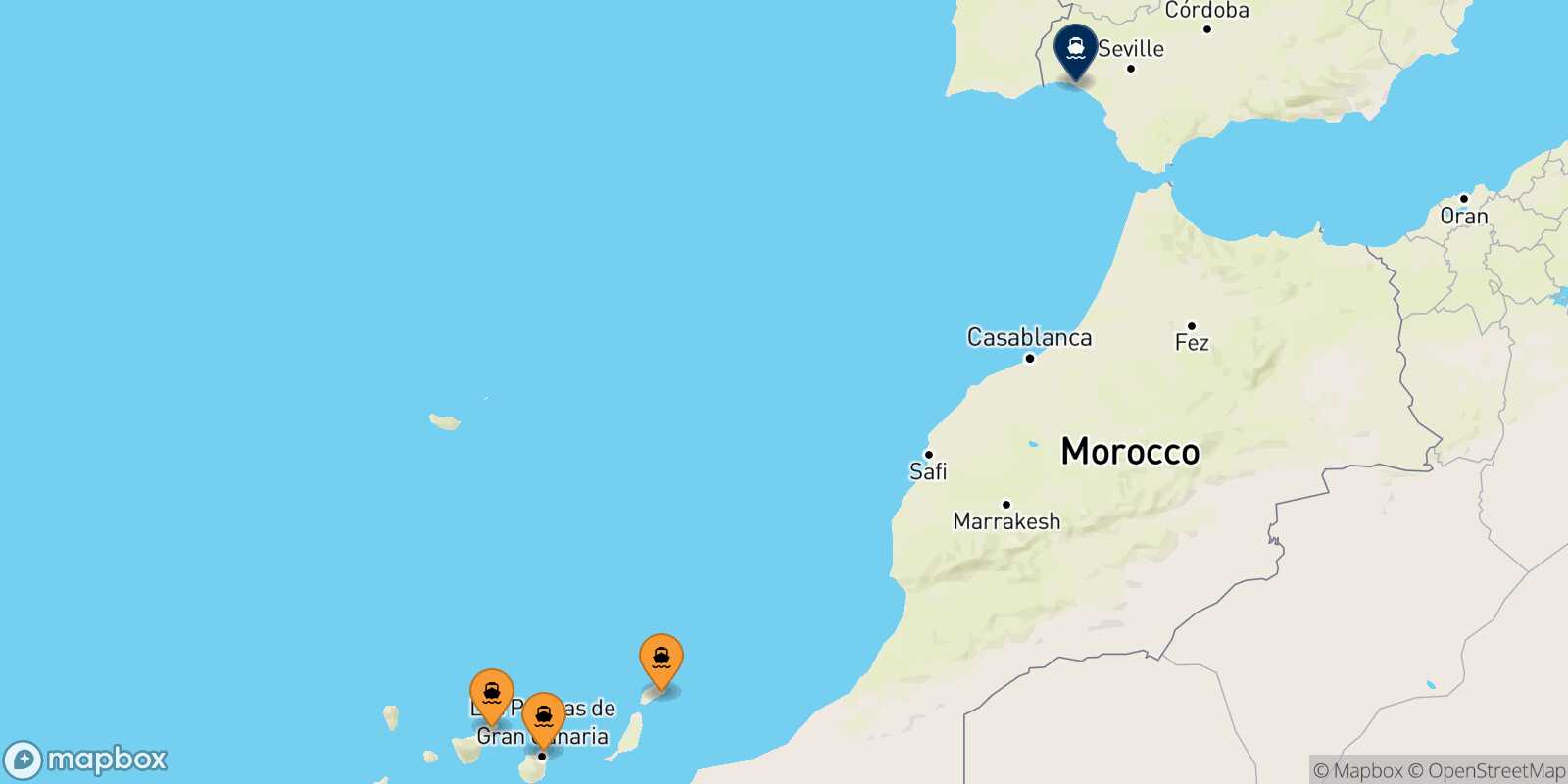 Map of the ports connected with  Huelva
