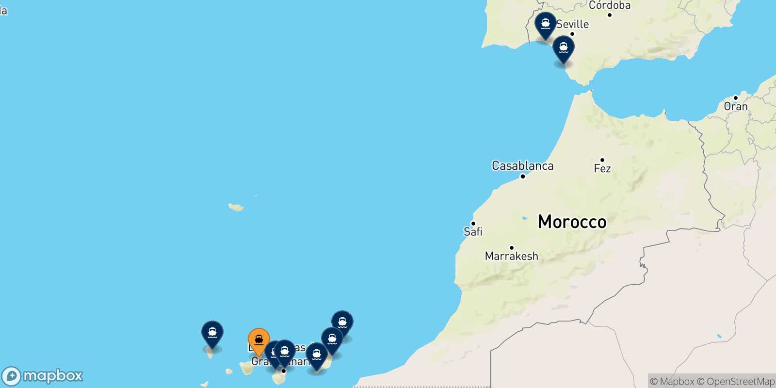 Map of the destinations reachable from Santa Cruz De Tenerife