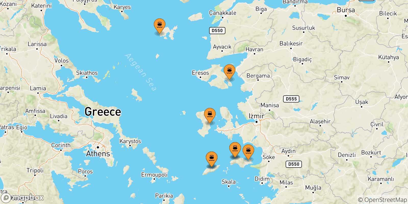 Map of the possible routes between Aegean Islands and Fourni