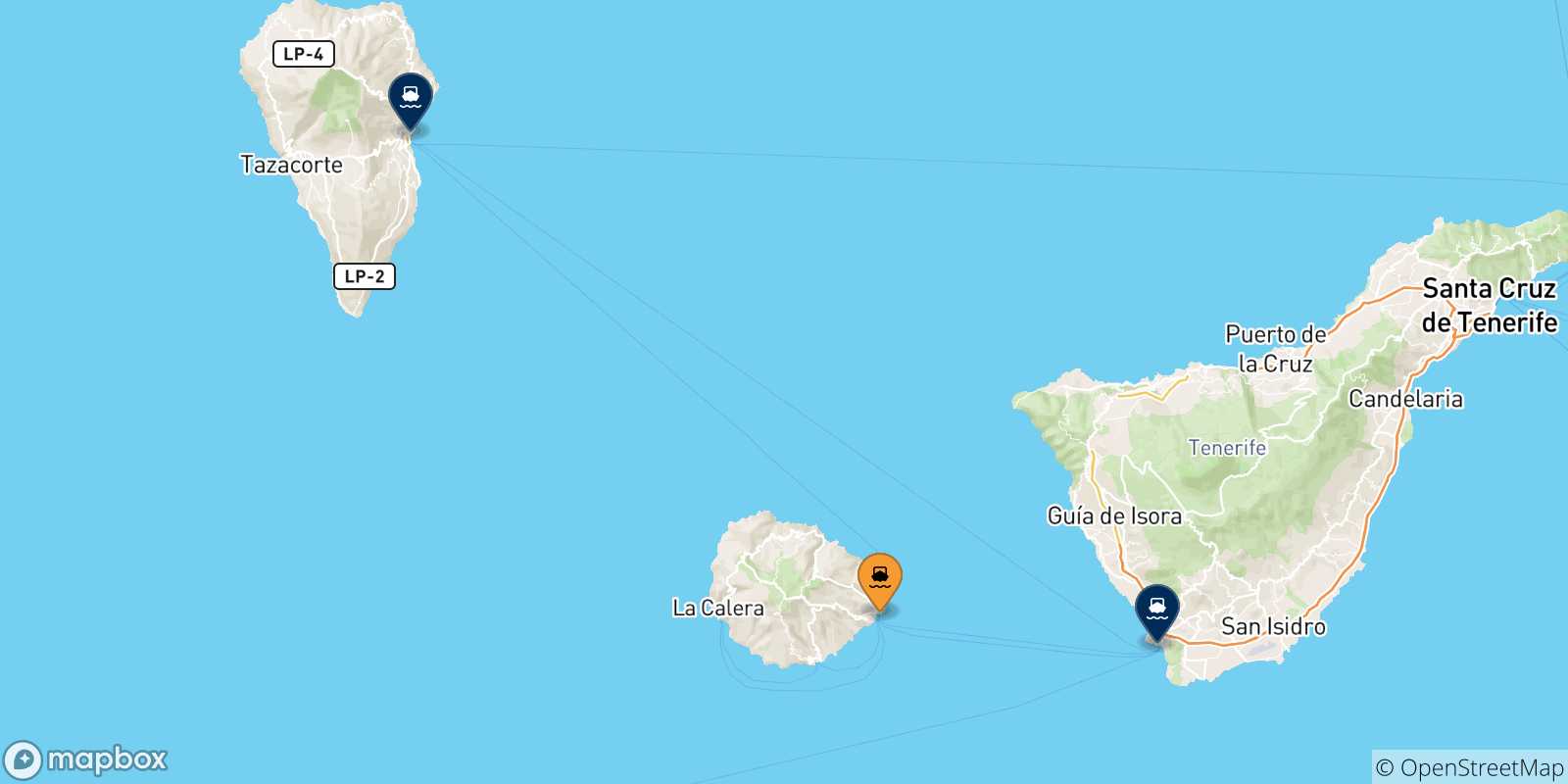Map of the possible routes between San Sebastian De La Gomera and Canary Islands