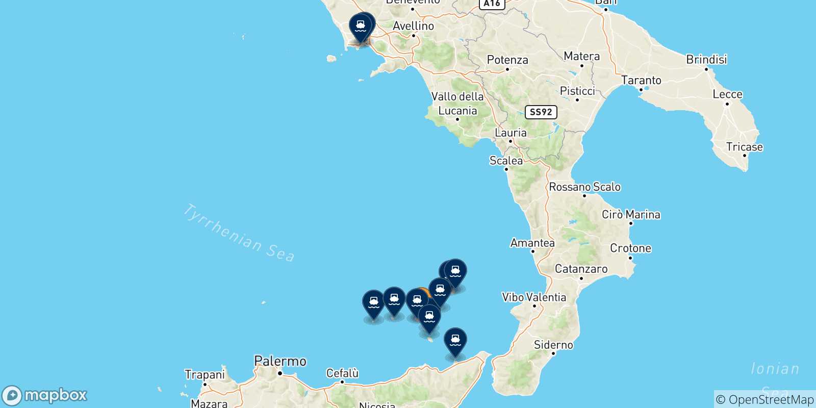 Map of the possible routes between Santa Marina (Salina) and Italy