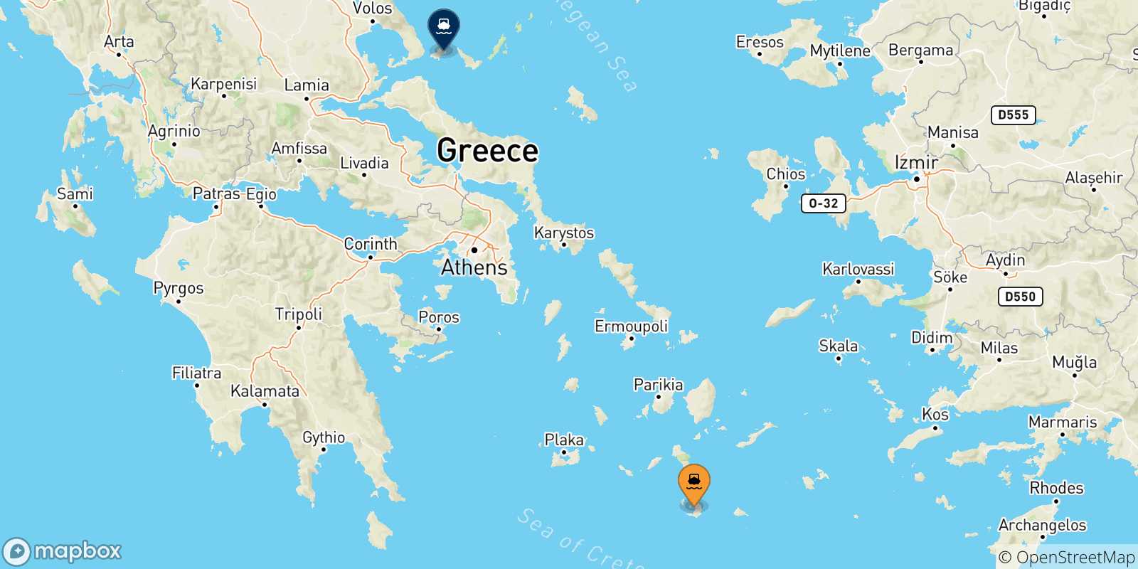 Map of the possible routes between Thira (Santorini) and Sporades Islands