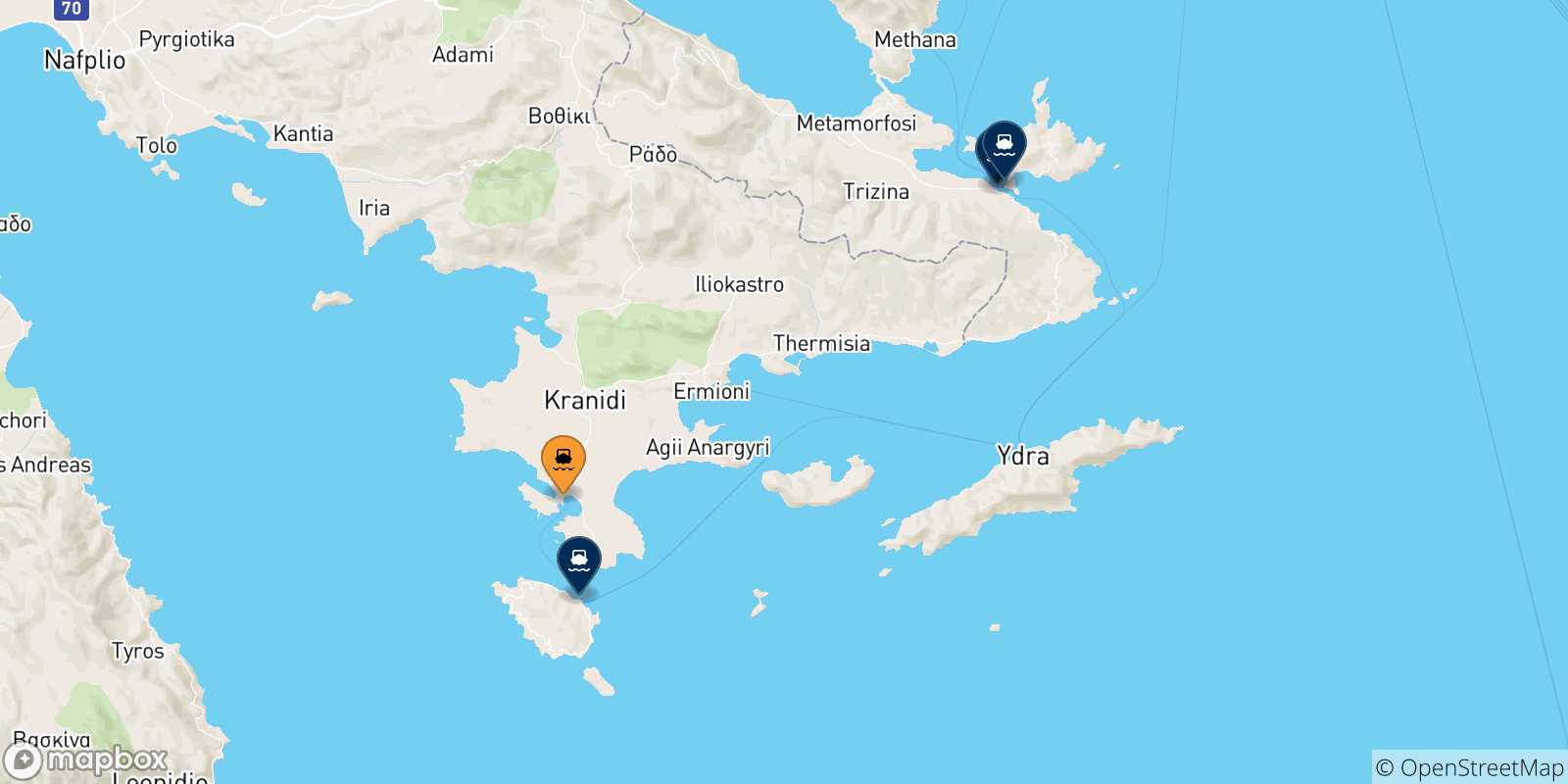 Map of the possible routes between Porto Heli and Saronic Islands