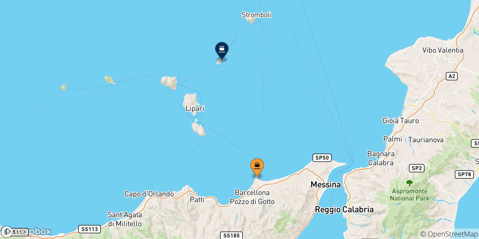 Map of the possible routes between Sicily and Panarea