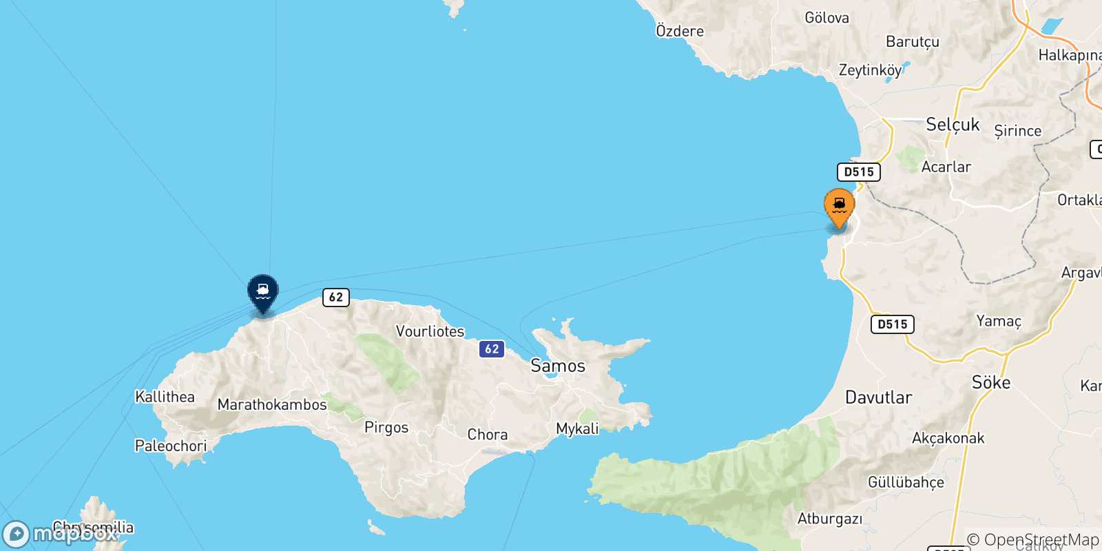 Map of the possible routes between Turkey and Pythagorio (Samos)