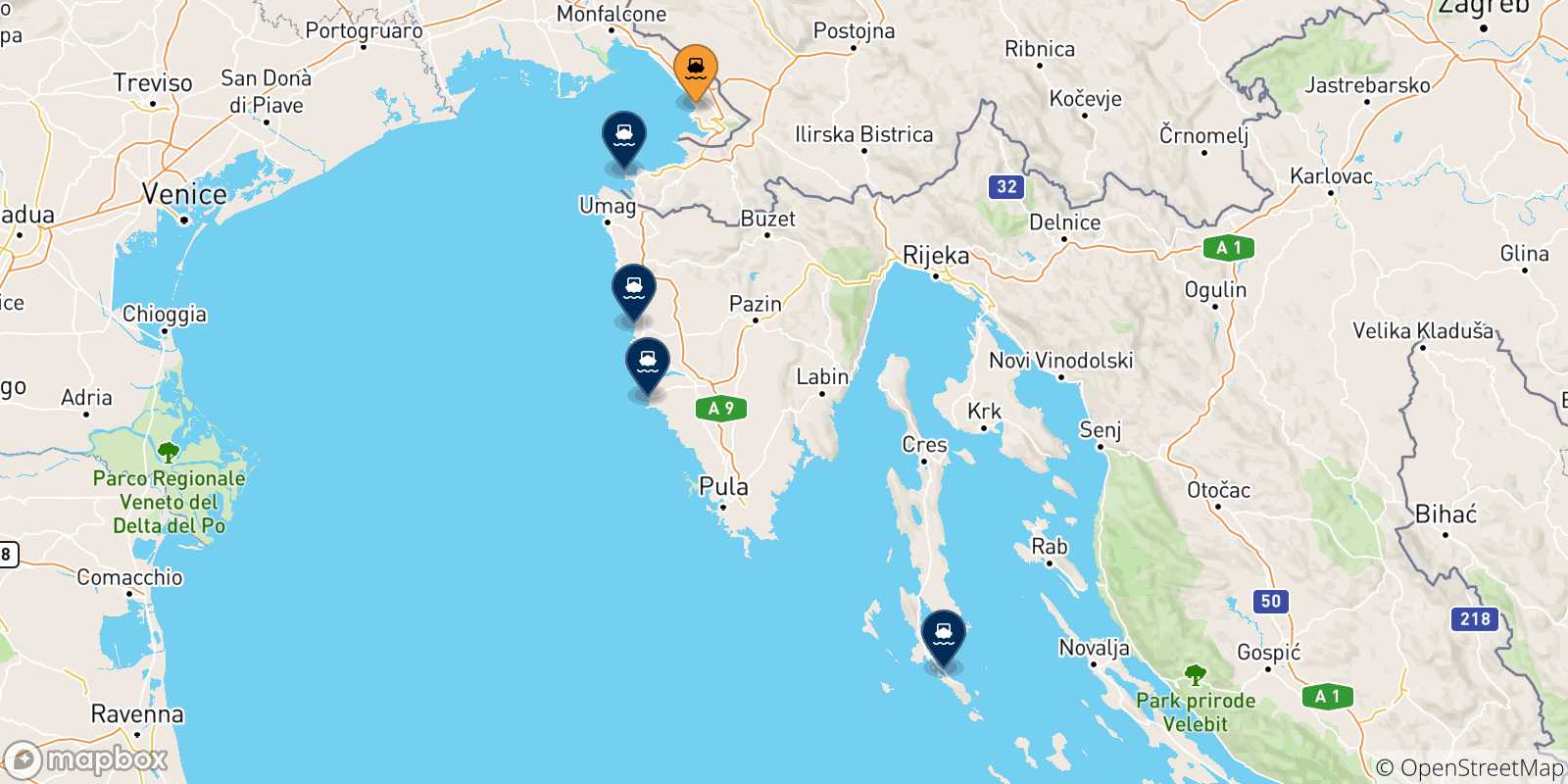 Map of the possible routes between Trieste and Croatia